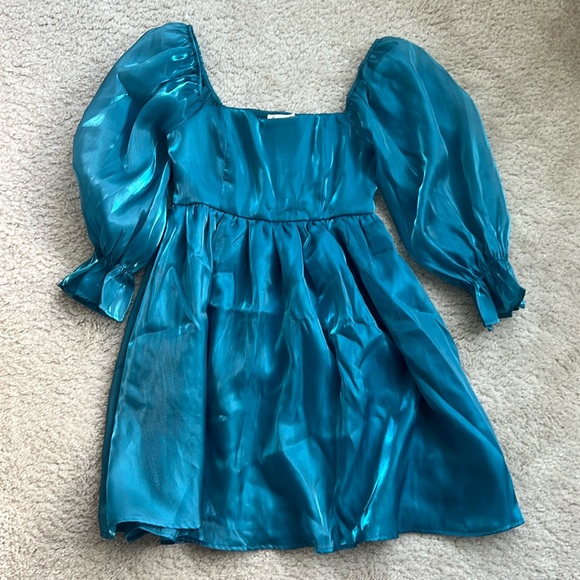 Sheer Teal Puff Sleeve Babydoll Dress - XS - Picture 1 of 4